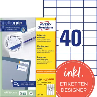 Avery Zweckform Etikett 3651-200 Universal-Etiketten 52.5 x 29.7 mm Papier weiß 8800 St. Permanent haftend L