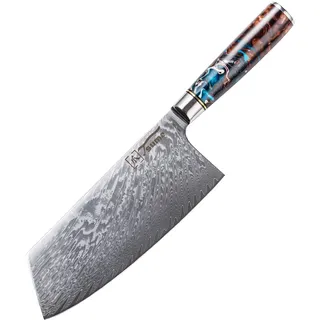 Tsume Chai Dao Hackbeil Messer Sturm, Klingenlänge 18cm, Echtes Damast Küchenmesser, 67 Schichten VG10 Edelstahlkern mit Sturmigem Kunstharz Handgriff, Rasiermesserscharf