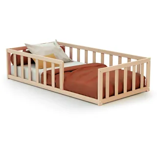 Webaby - Bodenbett babybett Holz 70 x 140 cm Buche Natur roh | Mit Barrieren | Gitterbett | Kinderbett | Lattenrost inklusive | Schlafkomfort | Autonomie | Sicherheit