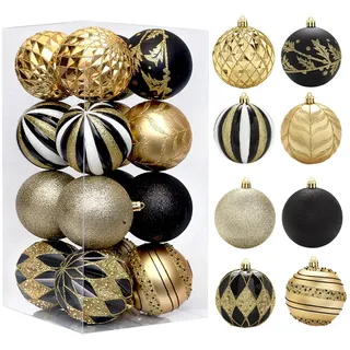 Herfair 16 Stück Weihnachtskugeln, Farbe Weihnachtskugeln Aufhänger für Christbaumschmuck, 8cm Christbaumkugeln Set, Weihnachten Ornamente Weihnachtsdeko (Schwarzes Gold)