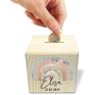 Yuweli® Regenbogen Holzspardose Boho personalisiert mit Namen aus Holz Spardose Spardosen mit Namen Geschenk zur Geburt Taufgeschenke für Junge und Mädchen Einschulung Kinderspardose
