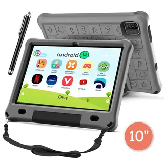 Olvy Kinder Tablet 10.1 Zoll HD, Kids Tablet Android 14, 128GB, 6000mAh,Elterliche Kontrolle, Augenschutz Kinder Tablet, Tablet für Kinder - Schwarz