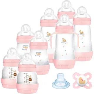 MAM Babyflaschen-Set mit 8 Anti-Kolik-Flaschen, 1 Original Starterschnuller, 1 extra weichem Schnabel und 1 Griff, Babyzubehör zur Verringerung von Luftblasen und Kolikenrisiko, Rosa