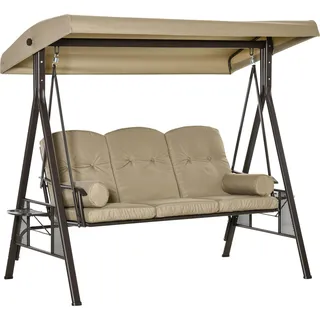 Outsunny 3-Sitzer Hollywoodschaukel Gartenschaukel mit Sonnendach Kissen Metall Polyester Khaki 116 x 206 x 183 cm Aosom