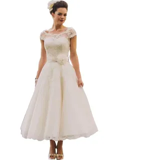 Mingxuerong Spitzen Kurz Tüll Hochzeitskleid Weiß Damen Gast Aline Brautkleid - 48