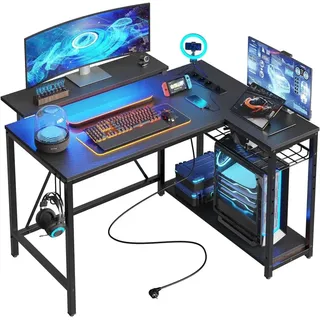 BESTIER Gaming-Eckschreibtisch L-Form 106,5 cm – mit LED, Steckdosen, 2 Regalen & Haken – Umkehrbarer Computertisch für kleines Büro, - Schwarz