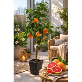 Grapefruitbaum Star Ruby 120-140 cm im Topf - Citrus paradisi Pampelmuse/Pomelo – rotes Fruchtfleisch, mediterraner Zitrusbaum für Terrasse, Balkon & Wintergarten, immergrün & pflegeleicht