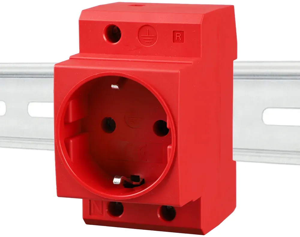 Schuko Steckdose für Hutschiene in Rot 16A 230V 2P+E für 35mm DIN Trägerschienenmontage