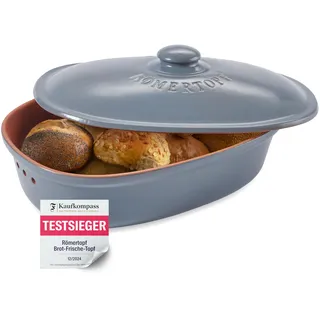 Römertopf Brottopf MAXI aus Naturton – Ovaler Brotbehälter zur Aufbewahrung von Brot & Brötchen – mit Belüftung für lange Frische – spülmaschinengeeignet – 40 x 28 x 20 cm – blau-grau