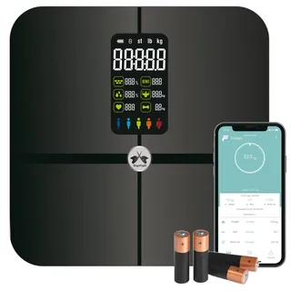 Smart Waage, Körperfettwaage mit integriertem großem LCD-Display, Bluetooth-Verbindung, Gewichtsanalyse durch 15 Daten, BMI, Herzfrequenz, Körperfett, Batterien enthalten