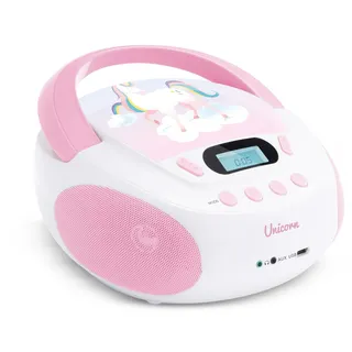 mooov 477407 CD Player für Kinder mit Lautsprechern, USB, Kopfhöreranschluss, AUX-IN-Port - Boombox CD Spieler Tragbar - Netzbetrieb oder Batterien - Modell Einhorn - Rosa/weiß