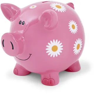 Mousehouse Gifts - Große gemusterte Sparschwein Spardose für Mädchen, Kinder & Erwachsene (Rosa mit Gänseblümchen)