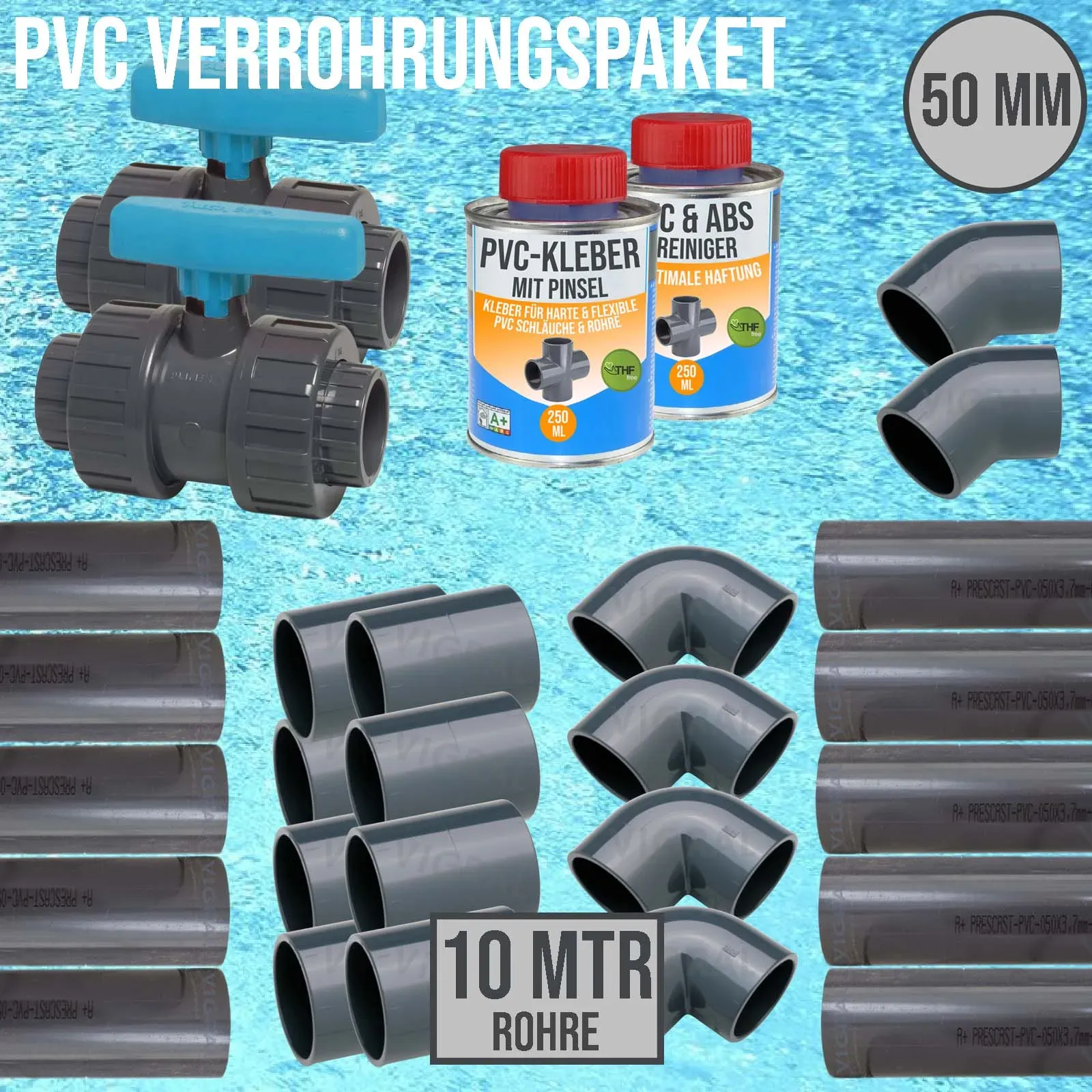 50 mm PVC Klebe Fittings Verrohrungspaket Pool Schwimmbad Schlauch Rohr FEST - 1...