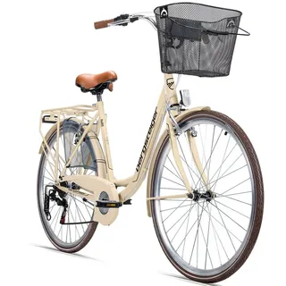 bergsteiger Cityrad Paris 26 Zoll, 28 Zoll Damenfahrrad, ab 140 cm, Korb, Licht, 6 Gang Shimano Tourney RD-TZ50 Schaltwerk, Kettenschaltung, V-Bremsen beige 51 cm
