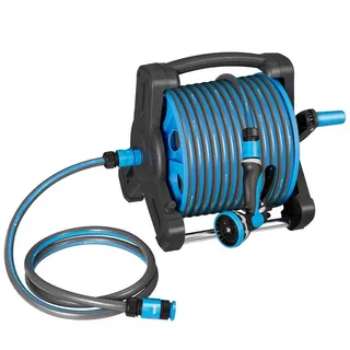Juskys Schlauchtrommel Basic 30 m Wasserschlauch und Halterung - Blau Grau