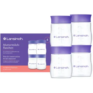 Lansinoh Muttermilchflaschen, 4 x 160 ml - zur sicheren Muttermilch Aufbewahrung - neues kompaktes Design für verbesserte Stabilität - mit stapelbarem Deckel