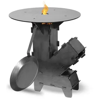 Czaja Raketenofen mit 5 mm Grillplatte & Eisen-Bratpfanne – Robuster Premium Rocket Stove aus 3 mm Stahl für Camping, BBQ & Outdoor – Feuerschale, Holzofen, Campingkocher – Made in Germany