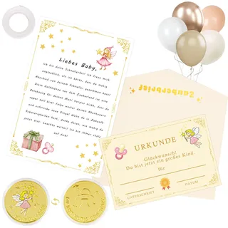 Schnullerfee Geschenk Set für 1-3-Jährige | Enthält Schnullerfee Brief, Zertifikat, Schnuller-Band, Goldmünze & 5 Latexballons Für Helium | Sanfte Abschiedszeremonie | Tschüss Schnuller-Andenken
