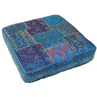 GURU SHOP Orientalisches Eckiges Patchwork Kissen 50 cm, Sitzkissen, Bodenkissen mit Baumwollfüllung - Blau, Synthetisch