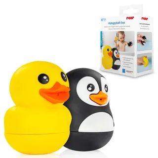 Reer MyHappyBath Ente & Pinguin | Badespielzeug für Babys und Kinder ab 6 Monaten | Spritztiere | Spaßiges Badewannenspielzeug