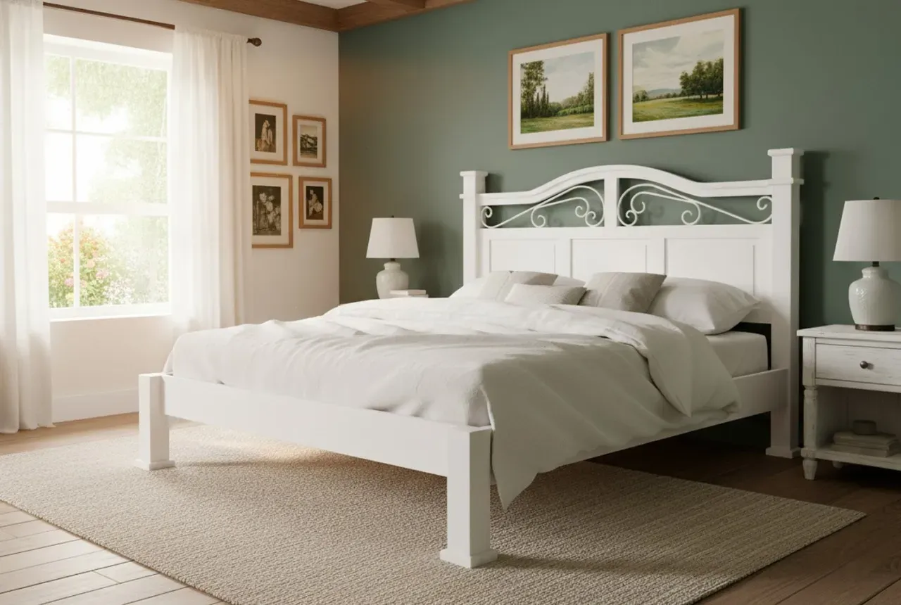 Weißes Mexico Doppelbett, Pinie massiv, Bett, weiß, Landhausstil, Massivholzbett weiß lackiert