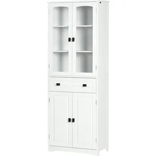 HOMCOM Küchenschrank Buffet hoch 4 Türen davon 2 Glastüren und 1 Schublade Höhe 160 cm mit Regalen - aus Holz - Weiß   Aosom