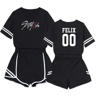 Kpop Two Piece Set Top + Short Pants Set Print Summer Tracksuit Exposed Navel Shorts and Tops Bang Chan Changbin Hyunjin Han Felix Seungmin - S