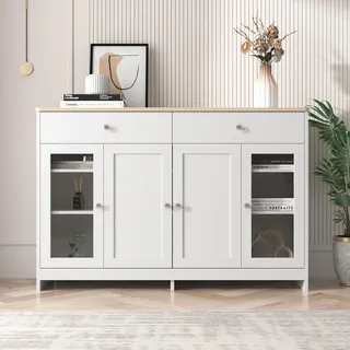 Idemon Sideboard mit weißer Holzmaserung, Vier Türen, mit DREI Schubladen, Wohnzimmer, Esszimmer. Holzfarbe und Weiß (120X37X80CM)