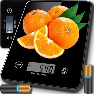 Retoo Digitale Küchenwaage bis zu 5 kg Tragkraft mit 1-g-genau und gehärtetes Glas, Digitalwaage mit Zuwiegefunktion & leicht ablesbarer LCD-Anzeige, Haushaltswaage mit Tara, Schwarz Essenswaage