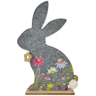 online fuchs Große Osterhasen Figur XL aus Filz mit Blütenkette aus Holz und weißem Puschelschwanz - 53 cm groß - Dekoration zu Ostern und Frühling (Dunkelgrau)
