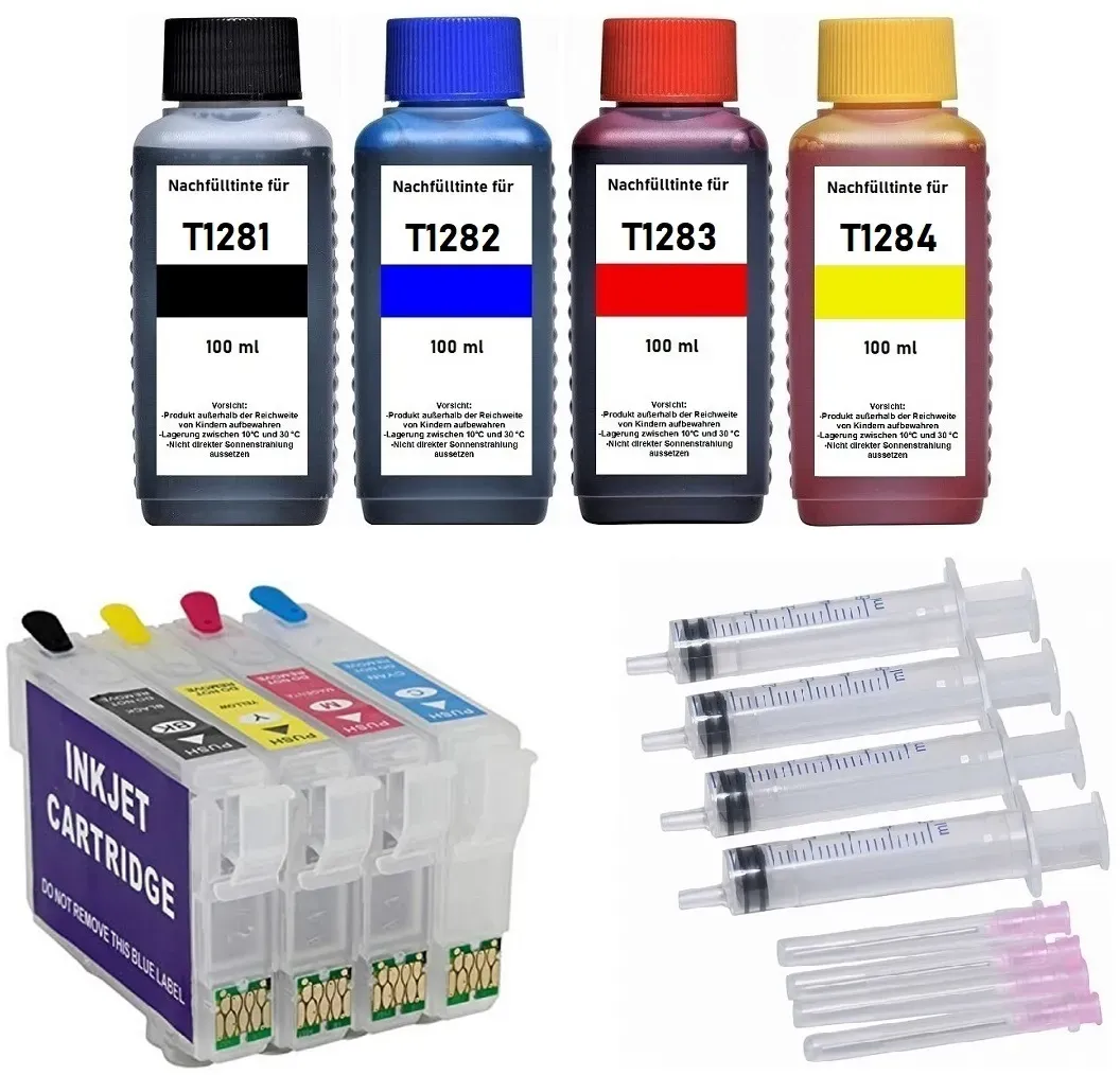 Wiederbefüllbare Tintenpatronen wie Epson T1281-T1284 + 400 ml Nachfülltinte