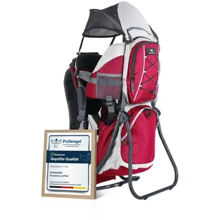Dromader Kraxe Kindertrage bis 22kg - Baby Rückentrage Wandern mit Sonnendach Regenschutz - Babytrage Outdoor Trekking mit Thermotasche Wickelmatte - Einhändig klappbarer Aluminiumrahmen – Rot