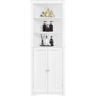 Yaheetech Badezimmerschrank Eckschrank Hochschrank mit verstellbaren Fächer und 2 Türen Dreieckiger Badkommode Eckregal Standregal mit viel Stauraum Weiß, 163 cm Höhe