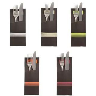 Papstar Bestecktaschen 20 cm x 8,5 cm schwarz/bordeaux "Stripes" inkl. farbiger Serviette 33 x 33 cm 2-lag.