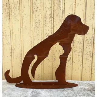 steinfigurenwelt gieben Gartenfigur sitzender Hund mit Katze 50x58cm auf Platte Silhouette Edelrost Gartendeko Rost Metall Rostfigur Tier Gartendekoration von Steinfigurenwelt (Hund)