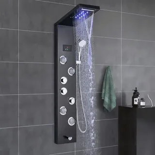 Duschpaneel Edelstahl Schwarz Duschsäule Duscharmatur Duschsystem Regendusche Kopfbrause Handbrause Armatur Duschset 4 x Massagedüsen