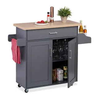 Relaxdays Küchenwagen, Arbeitsplatte, Schublade, 2 Fächer, Gewürz- & Handtuchhalter, HBT: 90x114,5x39,5 cm, grau/natur