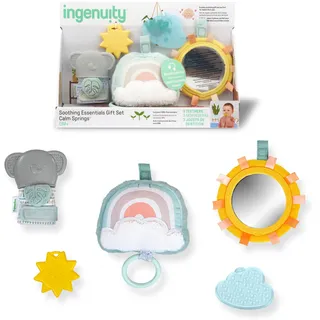 Ingenuity Calm Springs Soothing Essentials Geschenkset - Musikalisches Spielzeug, Rassel, Spiegel, 2 Beißringe für Baby