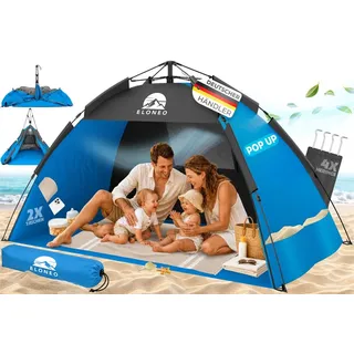 eloneo Pop Up Strandmuschel UV Schutz 80+, Leichter Aufbau und kleines Packmaß inkl. Tragetasche, Sonnenschutz & Windschutz für Babys und Erwachsene, Blau, 190x100x110 cm
