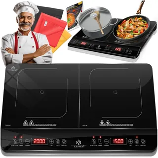 Kesser KESSER® Induktionskochplatte Induktionskochfeld Tragbare 28cm Kochplatte + 3x Mikrofasertuch + 1x Rezeptbuch, Heizstufen, Stunden-Timer, Touch-Steuerung, Booster-Funktion 220-240V