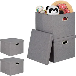Relaxdays 4 x Aufbewahrungsbox, faltbare Ordnungsbox mit Deckel, je 51 l, Faltbox quadratisch, 34 x 43 x 43 cm, Stoffboxen, grau
