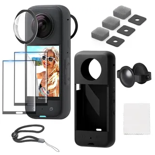 5 Displayschutz Teiliges Set für Insta 360 X4 Zubehör Linsenschutz für Insta 360 X4 Case mit Geräuschreduzierender Schwamm-Silikonabdeckung, Schutzfolie Schwarz