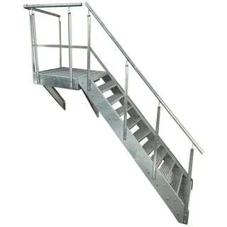 Kaminbau Mierzwa Außentreppe Stahltreppe 11 Stufen Treppen Höhe 209 cm Podest mit und ohne Geländer, für Geschosshöhen bis 209 cm, Stufen Gitterroststufen nach DIN 24531, (Wählbare Treppen Ausrichtung und ob mit oder ohne Geländer), Treppe mit Podest