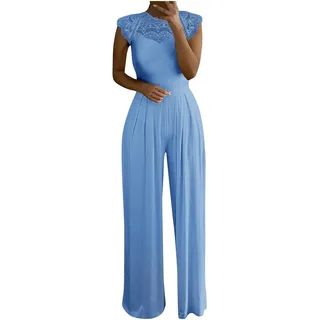 QSSS Jumpsuit Damen Elegante, Spitze Spleißen Festlich Hochzeit Lang Weites Bein Hosen Hohe Taillen Elegant Einteiler Overall Frauen Blumenspitze Business Party Breites Hosenanzug, Blau, S - S