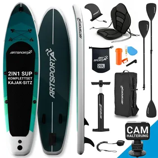 ArtSport Stand Up Paddle Board Blue Wave mit Kajak-Set – Aufblasbares SUP Board Set bis 150 kg - Blau-Schwarz