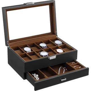 Oyydecor Uhrenbox mit 12 Fächern, Uhrenbox, Organizer für Herren, Schmuckkästchen, Schmuckbox, Organizer, Uhren-Aufbewahrungsbox mit Schmuckschublade für Aufbewahrung und Ausstellung (schwarz)
