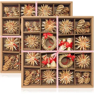 com-four® 112-teiliges Strohsterne Set - Sterne, Glocken, Tannen, und traditionelle Figuren als Christbaum-Schmuck - kleine Stroh-Anhänger als Weihnachtsbaumschmuck - natürlicher Christbaum-Behang