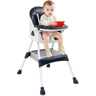 Steeviuzj Baby Hochstuhl bis 80kg, Faltbarer Kinder Essstuhl mit Verstellbares Doppeltablett, Sicherheitsgurt, Hufeisenfüße Rutschfest, Höhenverstellbar Kinderhochstuhl Für 6 Monate bis 6 Jahre (Blau)