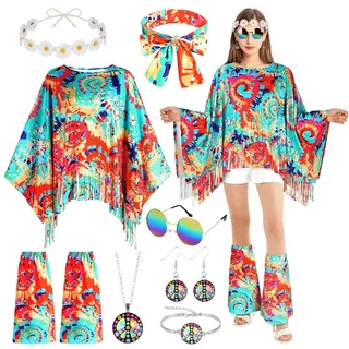 AOOWU Damen Hippie Kostüm, 10 Stück Vintage Stil 60er 70er Jahre Hippie Zubehör mit Brille Stirnband Jahre mit Abdeckungen Karneval Kostüm Halloween