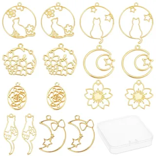 SUNNYCLUE 1 Box 32 Stück 8 Stile Legierung Lünette Anhänger Mit Offener Rückseite Mondstern Flach Rund Mit Katzenblume Hohlem Rahmen Charms Für Die Schmuckherstellung Aus UV Harz